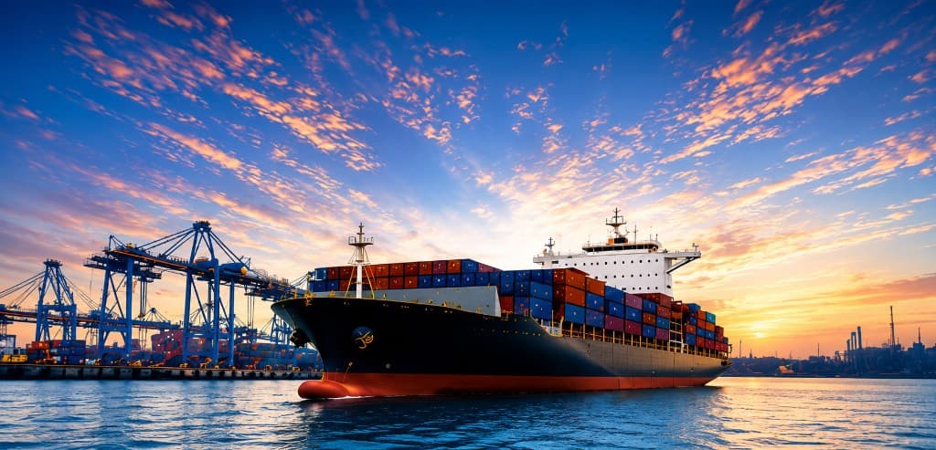 Container ship at port during golden hour